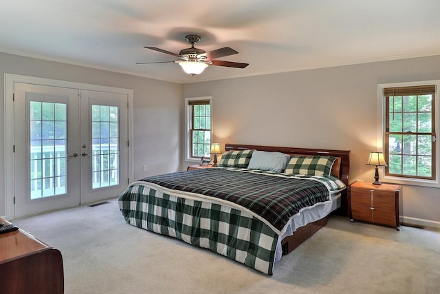 5181 Hilltop Cir E, Stroudsburg, PA 18301 - bedroom featuring french doors, light colored carpet, access to exterior, ornamental molding, and ceiling fan