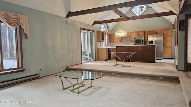 carpeted living room with sink, baseboard heating, an inviting chandelier, beam ceiling, and high vaulted ceiling