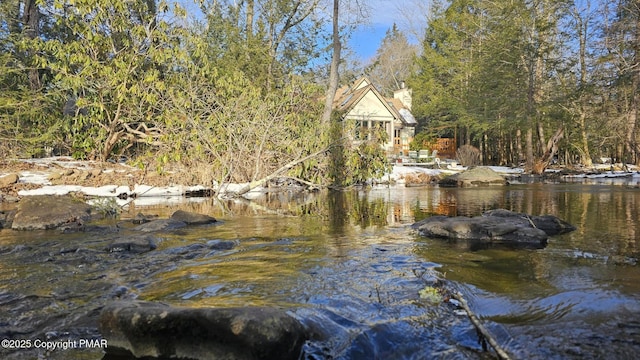 property view of water featuring a forest view