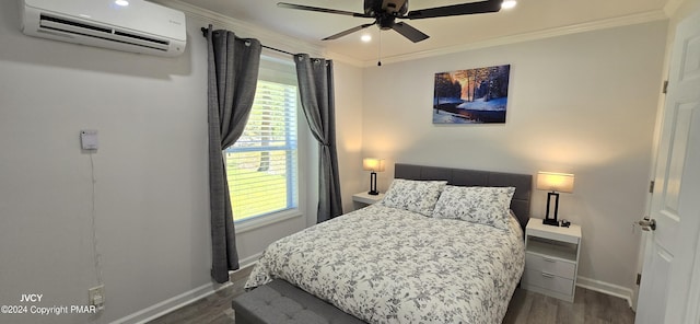 bedroom with multiple windows, dark wood-type flooring, a wall mounted AC, and crown molding