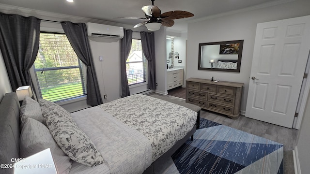 bedroom featuring ceiling fan, a wall mounted air conditioner, crown molding, and wood finished floors