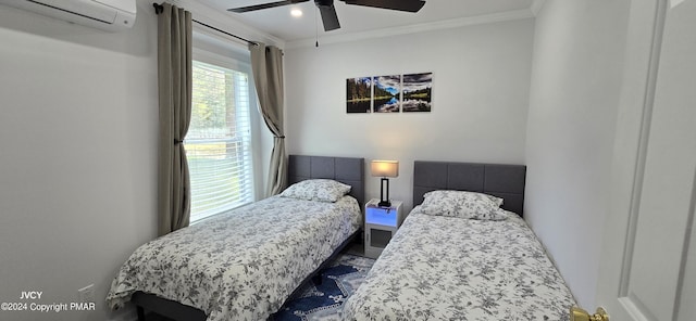 bedroom with a ceiling fan, crown molding, and a wall mounted AC