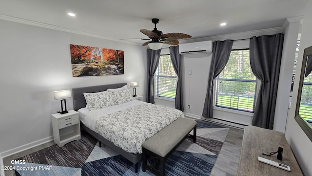 bedroom featuring multiple windows, ornamental molding, a wall mounted AC, and baseboards