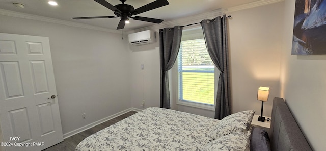 bedroom featuring dark wood-style flooring, a wall unit AC, crown molding, recessed lighting, and baseboards