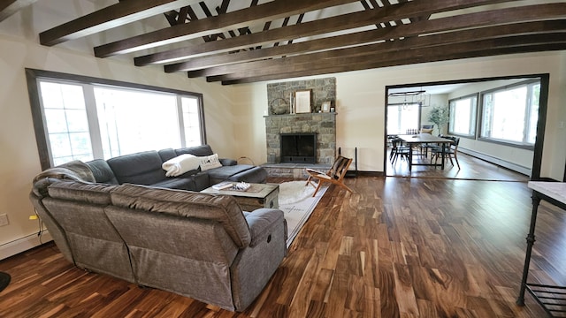 104 Haverhill Rd, Buck Hill Falls, PA 18323 - living area with a baseboard radiator, dark wood-style flooring, beam ceiling, and a stone fireplace