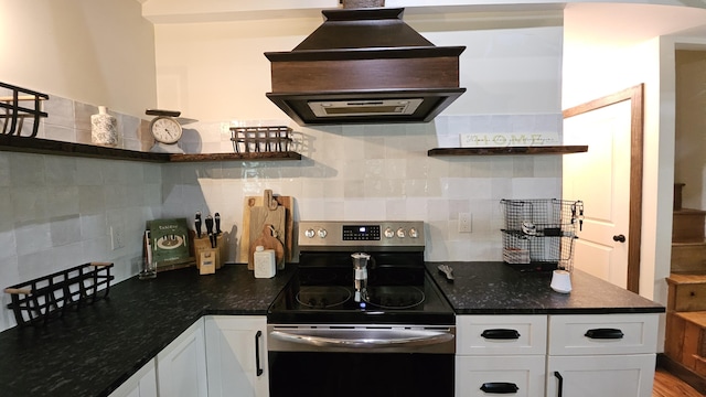104 Haverhill Rd, Buck Hill Falls, PA 18323 - kitchen with electric stove, open shelves, range hood, and white cabinets