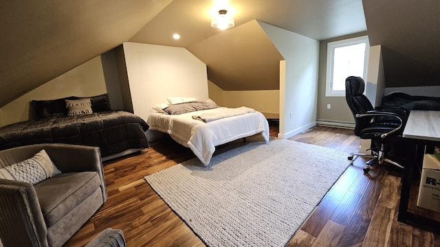 104 Haverhill Rd, Buck Hill Falls, PA 18323 - bedroom featuring a desk, lofted ceiling, baseboard heating, and dark wood finished floors