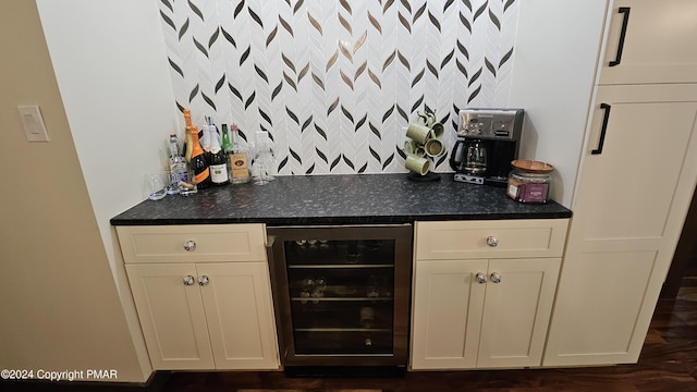104 Haverhill Rd, Buck Hill Falls, PA 18323 - indoor dry bar featuring wine cooler, decorative backsplash, and dark wood finished floors