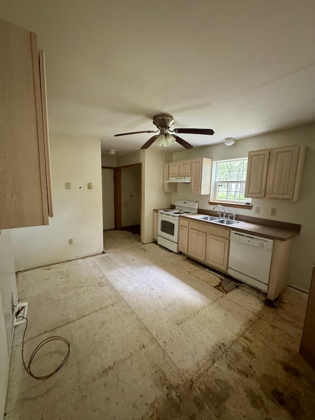 2149 Valley View Dr, Bushkill, PA 18324 - kitchen with white appliances, light brown cabinetry, under cabinet range hood, and a ceiling fan