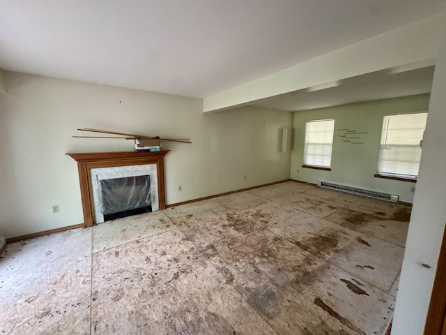 2149 Valley View Dr, Bushkill, PA 18324 - unfurnished living room featuring a baseboard heating unit and a fireplace