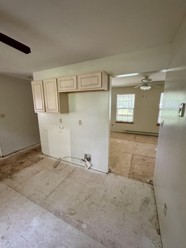 2149 Valley View Dr, Bushkill, PA 18324 - kitchen featuring light brown cabinets, a baseboard radiator, and ceiling fan