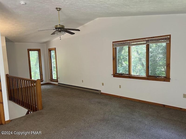 unfurnished room with a textured ceiling, carpet floors, baseboards, vaulted ceiling, and baseboard heating