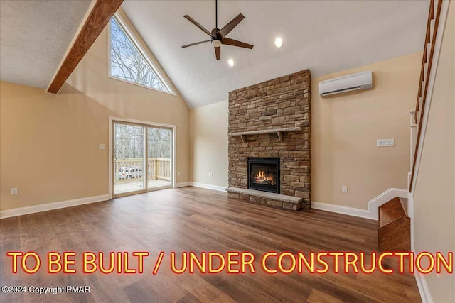 84 Parker Trl, Albrightsville, PA 18210 - unfurnished living room featuring a ceiling fan, high vaulted ceiling, an AC wall unit, and wood finished floors