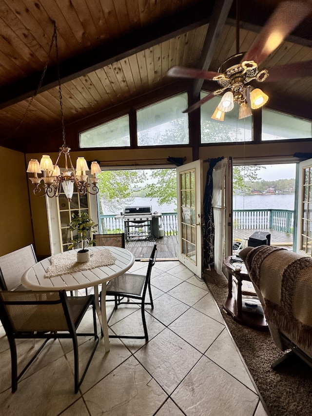 6069 Boardwalk Dr, Tobyhanna, PA 18466 - sunroom / solarium featuring wooden ceiling, a water view, and a chandelier