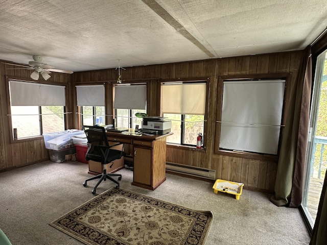 6069 Boardwalk Dr, Tobyhanna, PA 18466 - carpeted home office featuring a baseboard radiator, wood walls, healthy amount of natural light, a textured ceiling, and ceiling fan