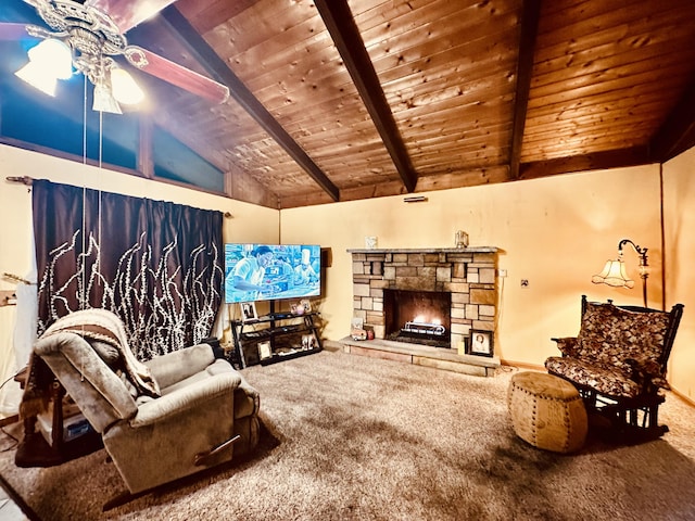 6069 Boardwalk Dr, Tobyhanna, PA 18466 - living room featuring a ceiling fan, carpet, wood ceiling, and a stone fireplace