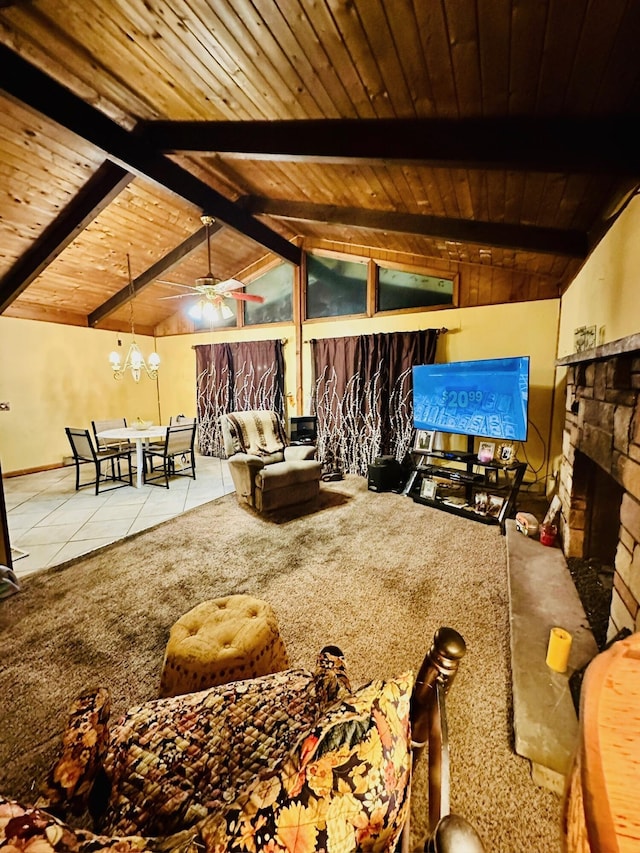 6069 Boardwalk Dr, Tobyhanna, PA 18466 - carpeted living room featuring wood ceiling, tile patterned flooring, a fireplace, and a ceiling fan
