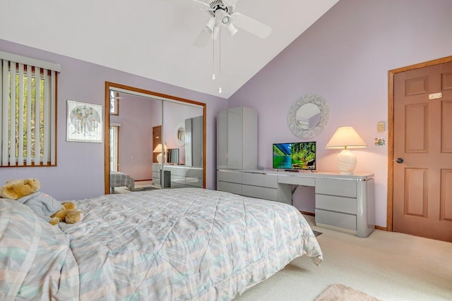 176 Manchester Dr, Bushkill, PA 18324 - carpeted bedroom with high vaulted ceiling, a closet, ceiling fan, and a desk