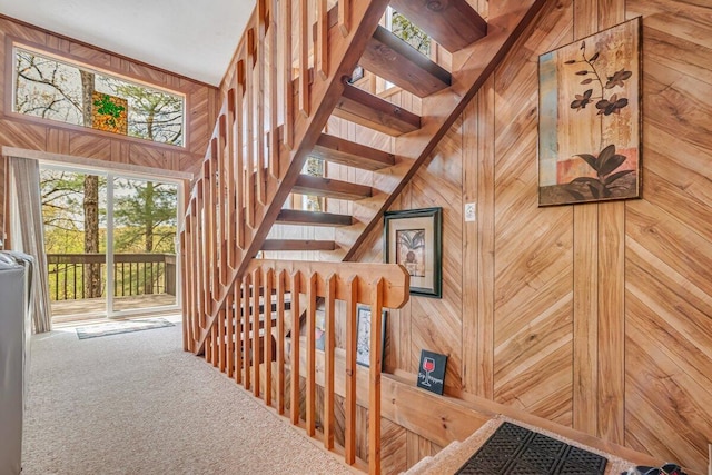 176 Manchester Dr, Bushkill, PA 18324 - stairway with wood walls, carpet floors, and a high ceiling