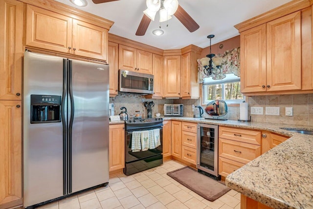 176 Manchester Dr, Bushkill, PA 18324 - kitchen featuring stainless steel appliances, beverage cooler, light tile patterned floors, backsplash, and light brown cabinetry