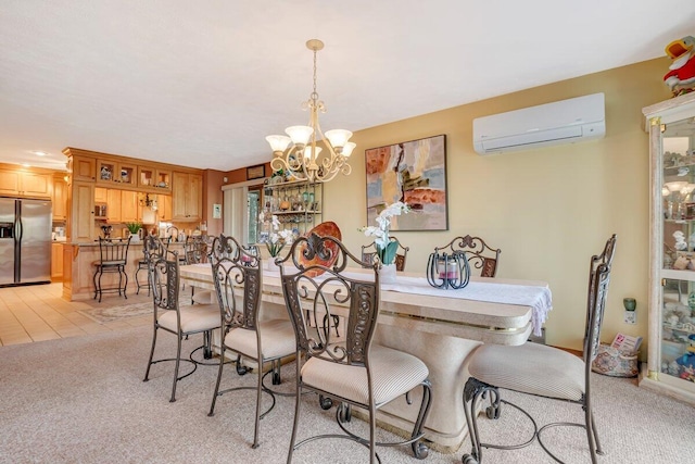 176 Manchester Dr, Bushkill, PA 18324 - dining area featuring a wall unit AC, a chandelier, and light carpet