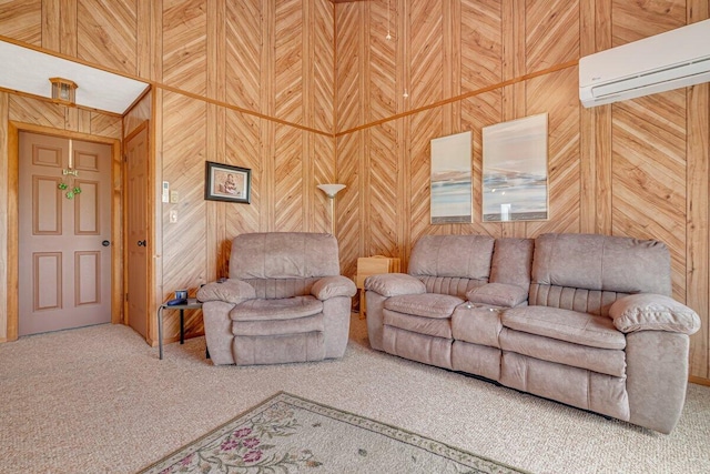 176 Manchester Dr, Bushkill, PA 18324 - carpeted living area featuring an AC wall unit and wooden walls