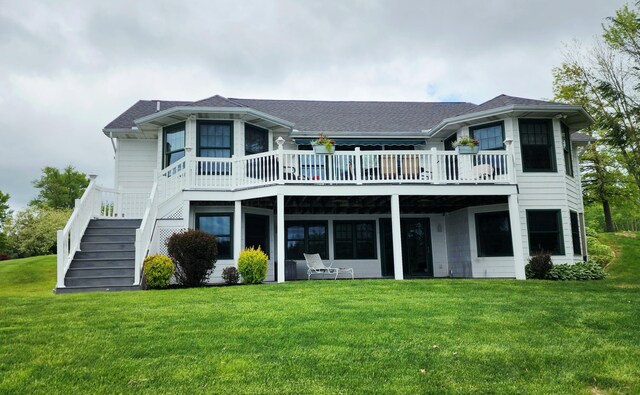 163 Wagner Blvd, Greenfield Township, PA 18407 - rear view of house with stairs, a lawn, a deck, and roof with shingles