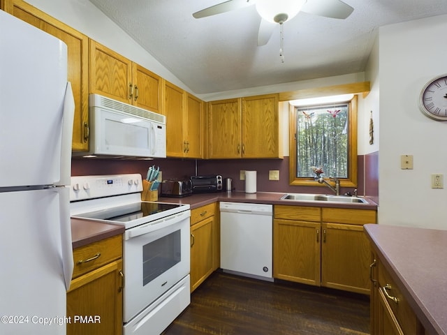 5310 Conoquenissing Dr, Pocono Lake, PA 18347 - kitchen with white appliances, a ceiling fan, dark wood-type flooring, vaulted ceiling, and a sink