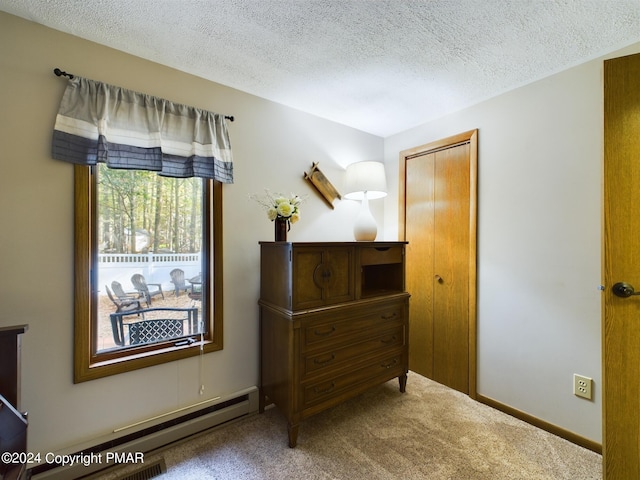 5310 Conoquenissing Dr, Pocono Lake, PA 18347 - carpeted bedroom featuring a textured ceiling, baseboard heating, and baseboards