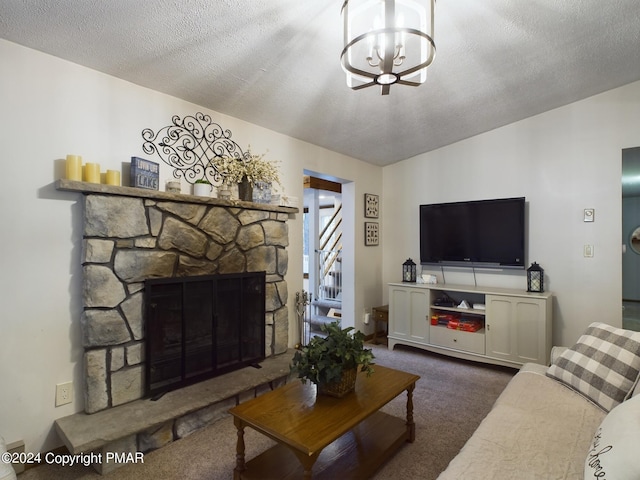 5310 Conoquenissing Dr, Pocono Lake, PA 18347 - living area featuring carpet, an inviting chandelier, a stone fireplace, a textured ceiling, and stairs