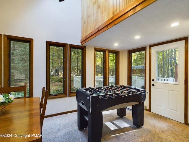 5310 Conoquenissing Dr, Pocono Lake, PA 18347 - game room with recessed lighting, baseboards, carpet flooring, and a high ceiling