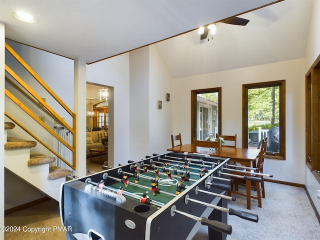 5310 Conoquenissing Dr, Pocono Lake, PA 18347 - recreation room featuring lofted ceiling, carpet floors, and baseboards