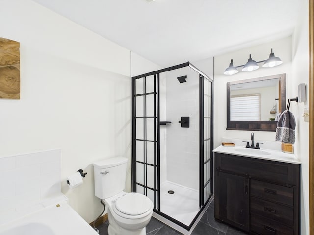 bathroom featuring vanity, toilet, and a shower stall