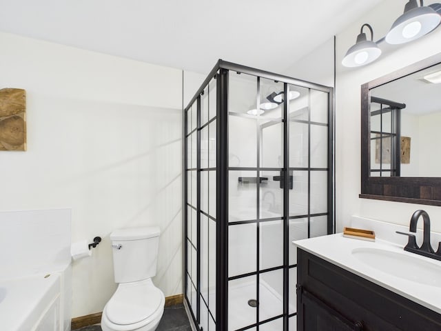 bathroom featuring vanity, toilet, a bath, and a stall shower