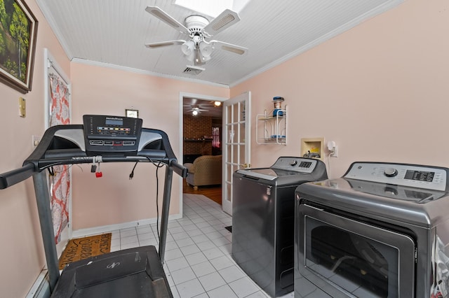 109 Little Doe Ln, East Stroudsburg, PA 18301 - laundry room with washer and dryer, ceiling fan, ornamental molding, tile patterned flooring, and french doors