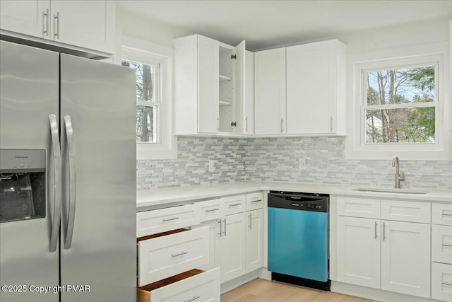 kitchen with appliances with stainless steel finishes, sink, white cabinets, backsplash, and light hardwood / wood-style floors