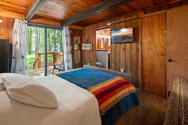 2107 Oak Rd, Pocono Pines, PA 18350 - bedroom featuring hardwood / wood-style flooring, wood ceiling with exposed beams, access to exterior, and wood walls