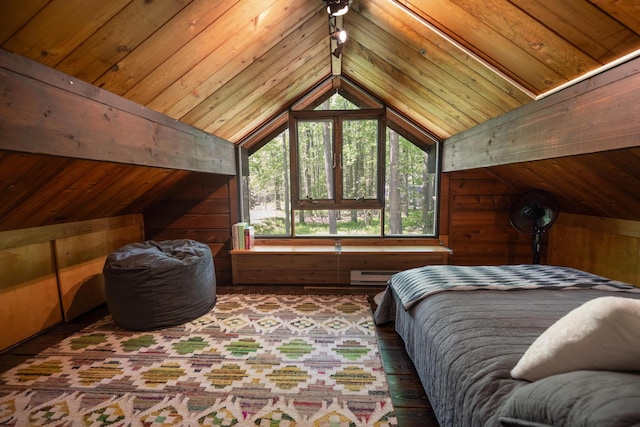 2107 Oak Rd, Pocono Pines, PA 18350 - bedroom featuring wooden walls, lofted ceiling, wood finished floors, wooden ceiling, and a baseboard heating unit