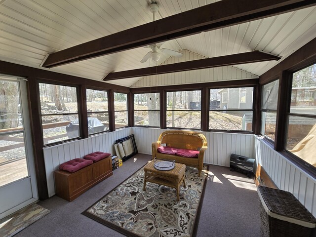176 Fawn Rd, Pocono Lake, PA 18347 - sunroom featuring an outdoor hangout area, a ceiling fan, and beam ceiling
