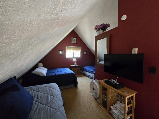 176 Fawn Rd, Pocono Lake, PA 18347 - bedroom featuring vaulted ceiling, a textured ceiling, and carpet