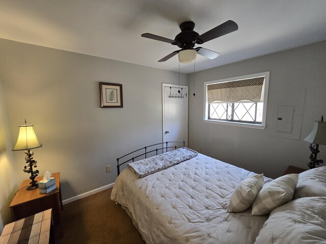 176 Fawn Rd, Pocono Lake, PA 18347 - bedroom with ceiling fan, baseboards, and dark colored carpet