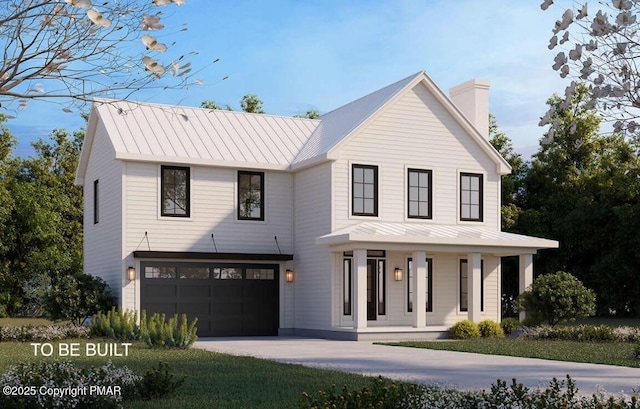 modern inspired farmhouse with a chimney, metal roof, an attached garage, a standing seam roof, and a porch