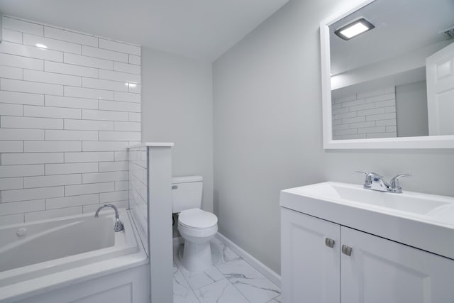 full bath featuring visible vents, toilet, marble finish floor, baseboards, and vanity