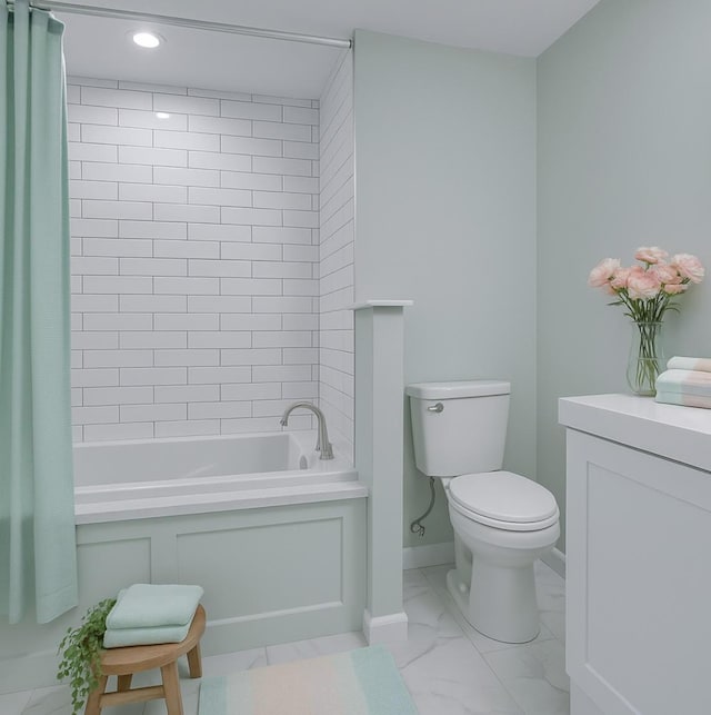 8263 Natures Dr, Tobyhanna, PA 18466 - full bath with marble finish flooring, toilet, vanity, shower / tub combo with curtain, and recessed lighting