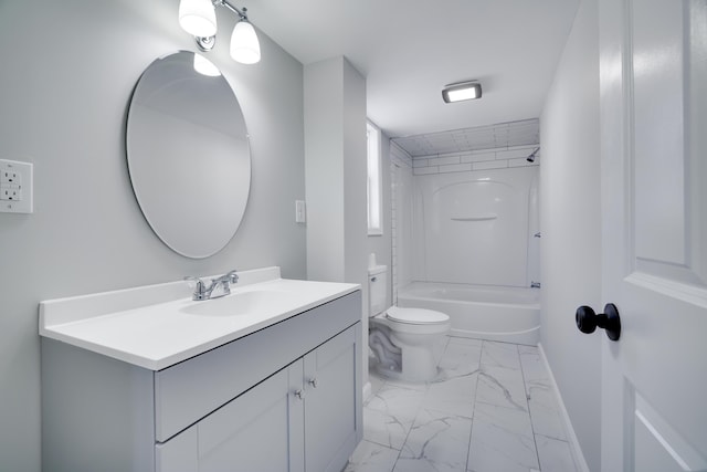 bathroom featuring bathtub / shower combination, marble finish floor, toilet, vanity, and baseboards