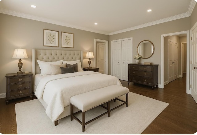 8263 Natures Dr, Tobyhanna, PA 18466 - bedroom featuring dark wood finished floors, baseboards, ornamental molding, recessed lighting, and a closet