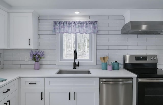 8263 Natures Dr, Tobyhanna, PA 18466 - kitchen featuring appliances with stainless steel finishes, a sink, decorative backsplash, wall chimney exhaust hood, and white cabinets