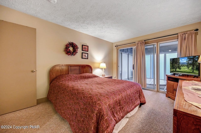 bedroom featuring light carpet, a textured ceiling, and access to exterior