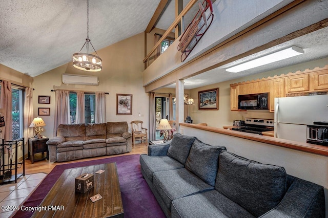 living room with a textured ceiling, a wall mounted air conditioner, and lofted ceiling