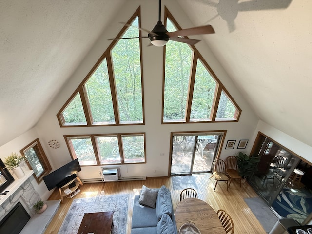 6414 Decker Rd, Bushkill, PA 18324 - living room featuring high vaulted ceiling, ceiling fan, wood finished floors, and a fireplace